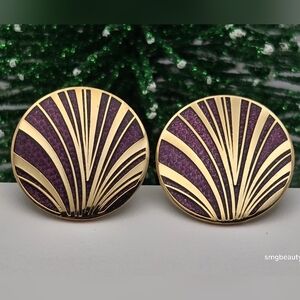 Vintage Rococo Purple Enamel Art Deco Fan Earrings Gold Tone NWOT